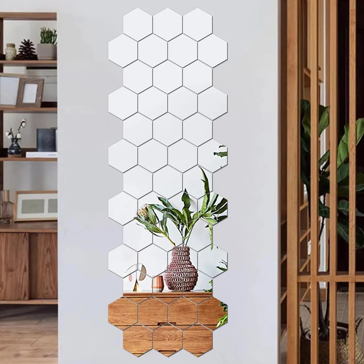 12PCS/Lot Removable Geometric Mirror Wall Stickers - Solid Hexagonal Shape, DIY with Built-in Adhesive for Home Decoration